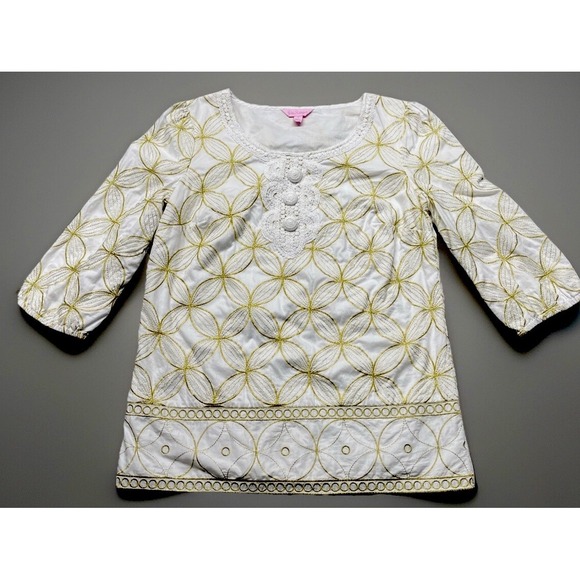 Lilly Pulitzer Gold Tunic Shirt Small Embroidered‎ Shannon 3/4 Sleeve Lined - Picture 1 of 13